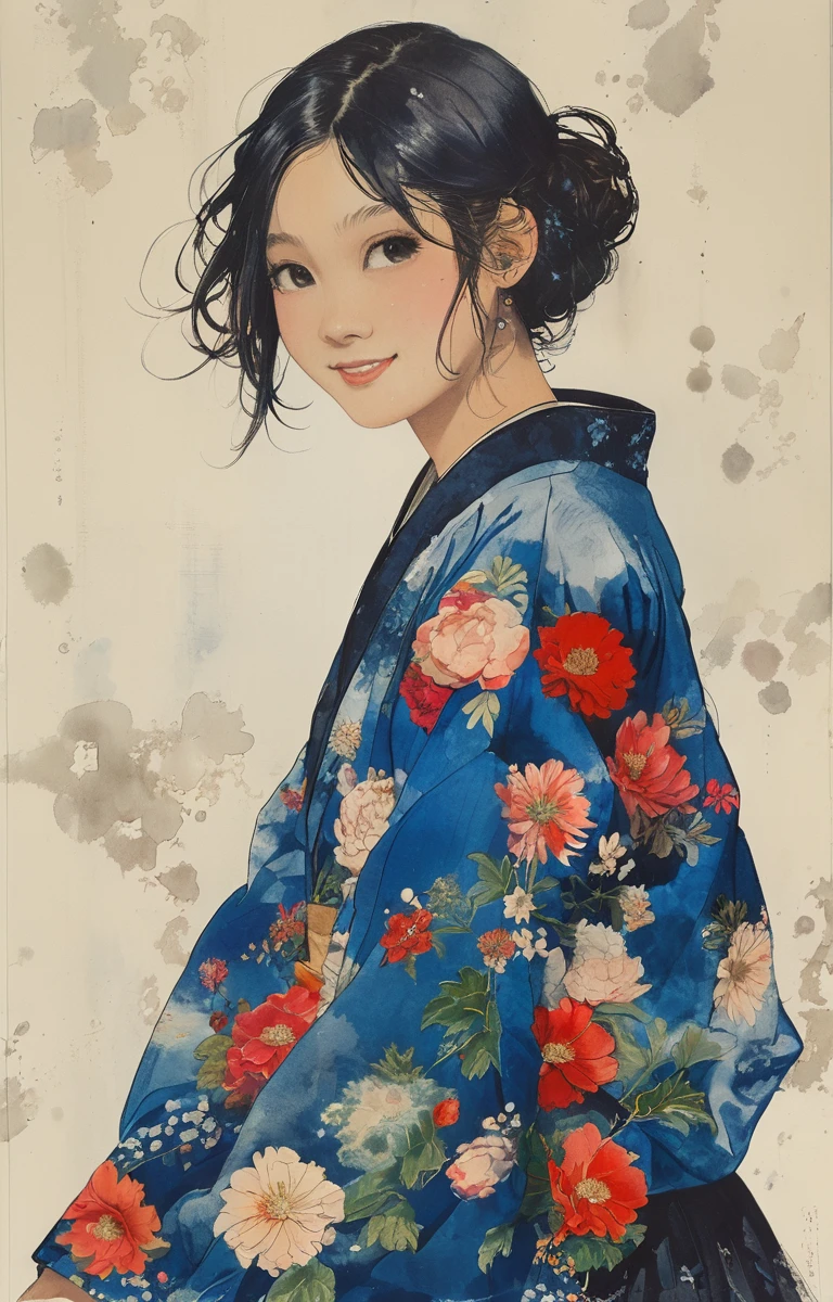 style of Kawanabe Kyosai, Asian、high school girl、Bobcut、Floral Sukajan、Blue long skirt、Floral Background、smile、Upper Body