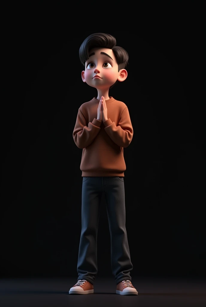 A animated character of a matured boy with black background folding his hands and looking upwards 