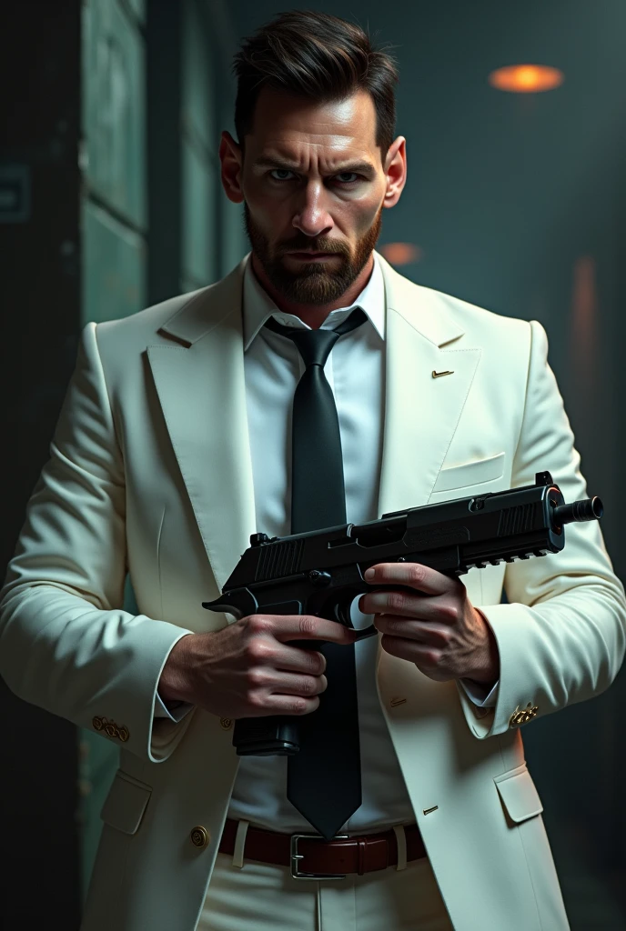 Messi is a gangster wearing white dress with a big gun