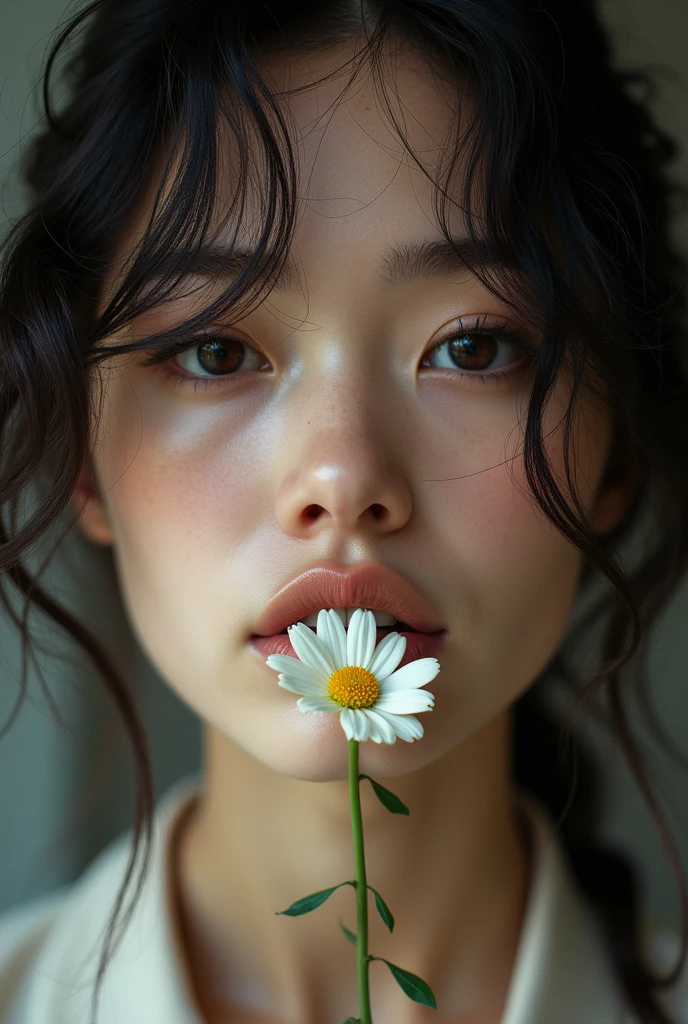Close-up photo of a fair-skinned woman with long hair, Black and bulky, messy for dramatic effect. She holds a flower in her mouth and looks directly at the camera with a serene and introspective expression.. Soft, diffuse lighting enhances textures and details in hair and skin. The composition is artistic, with a blurred background and soft colors, creating a high fashion editorial look."