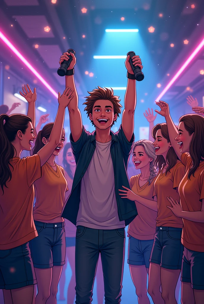 Génère un dessin style bande dessinée avec la photo d'équipe (10 personnes)de l'équipe gagnante heureuse de partager sa victoire Un homme brun, cheveux courts et ébouriffé, visage doux et appaisé participe à un lazer game avec des collègues de travail femme non sexualisees