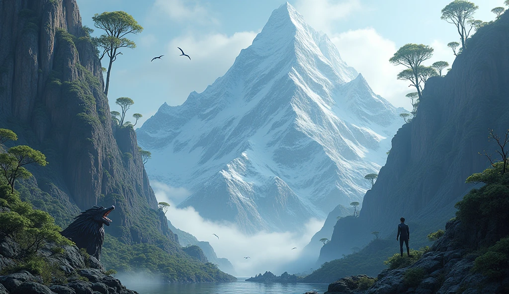 There is a mountain that is too steep to climb,There are many strange beasts and trees on the mountain(best quality,4K,8k,High level,masterpiece:1.2),Ultra Detailed,(lifelike,Photo real,Photo real:1.37)