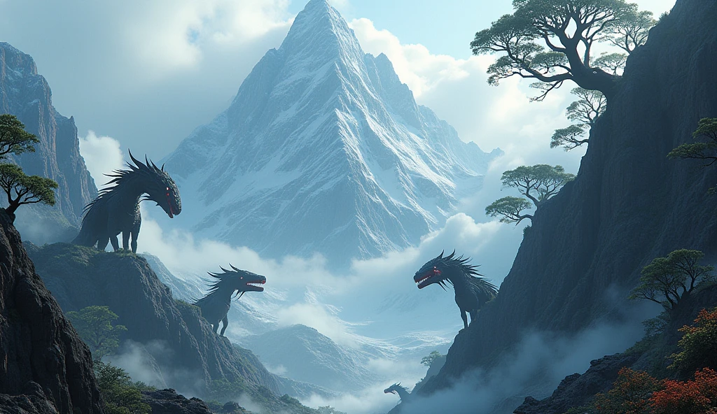 There is a mountain that is too steep to climb,There are many strange beasts and trees on the mountain(best quality,4K,8k,High level,masterpiece:1.2),Ultra Detailed,(lifelike,Photo real,Photo real:1.37)