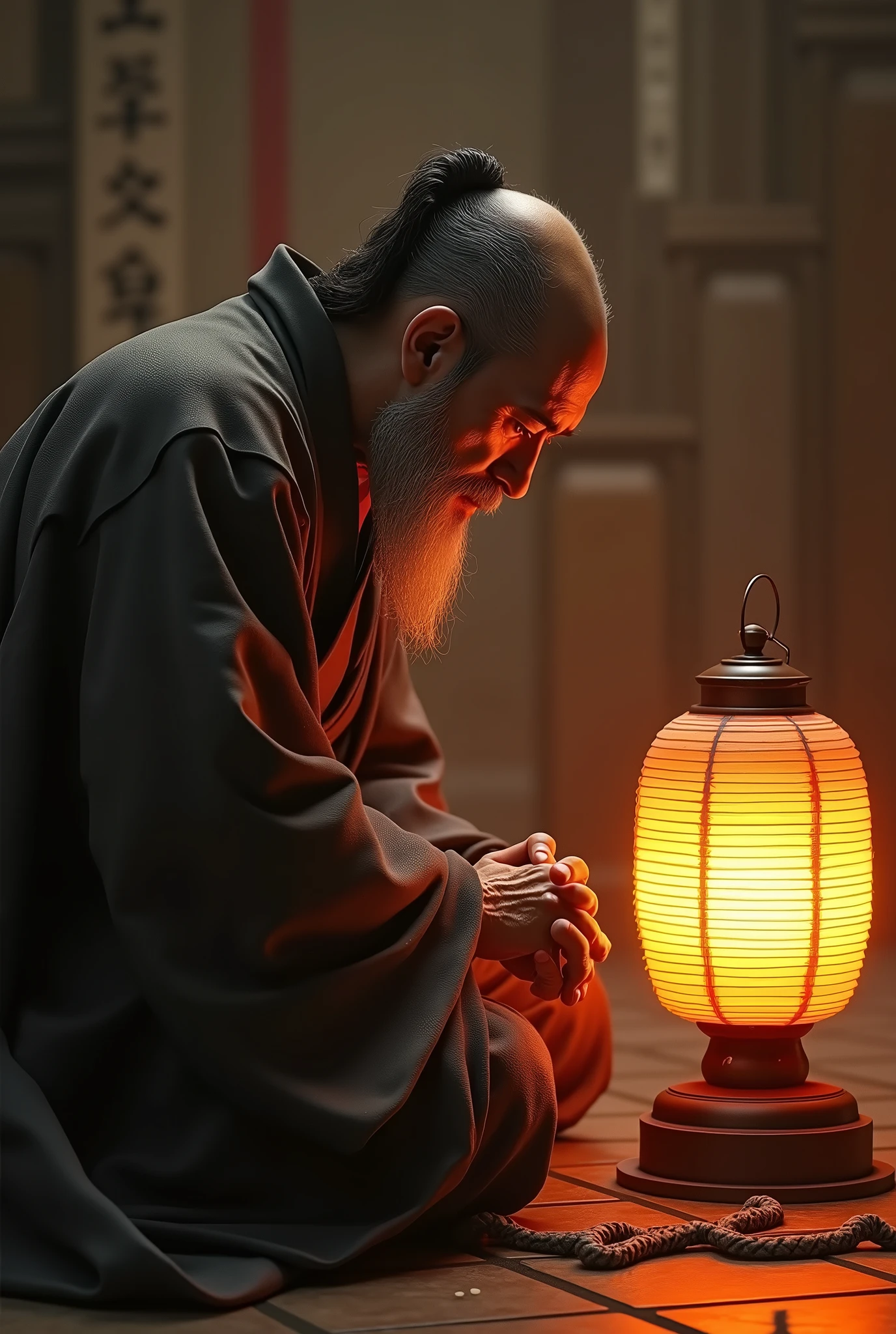 A man praying before a lantern, ancient Japanese monk, beautiful male grim reaper, Taoist priest, Japonisme 3D 8K hyper-detailed, inspired by Kaiunbou Anchi, imagery from Japanese horror films, work inspired by Kano Hogai, portrait of the grim reaper, Japanese deity