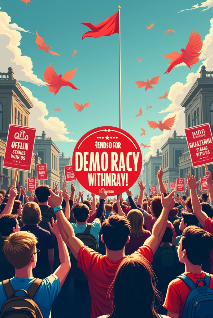 Make me an election poster for democracy and it must be DFD/DFVP Stand up for it and people protest for democracy it must also DFD/DFVP stands on it