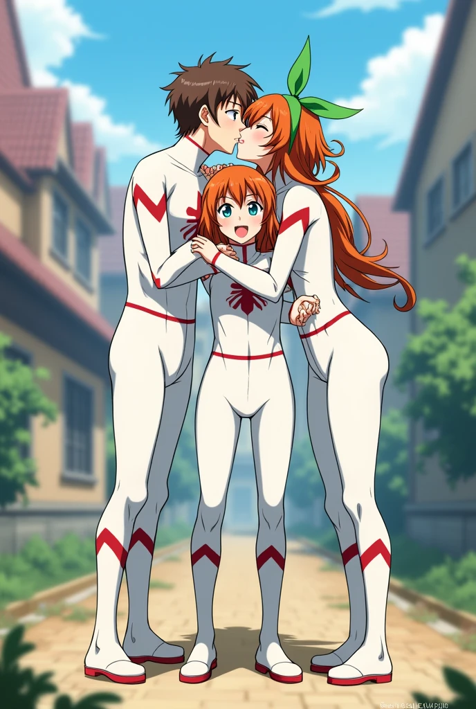 Yotsuba nakano short orange hair, green ribbon on the head in the shape of a rabbit,blue eyes, at 2, full body, more adult and wearing a spiderman suit and a 2 brown-haired adult, brown eyes with white spiderman spider suit and kissing each other