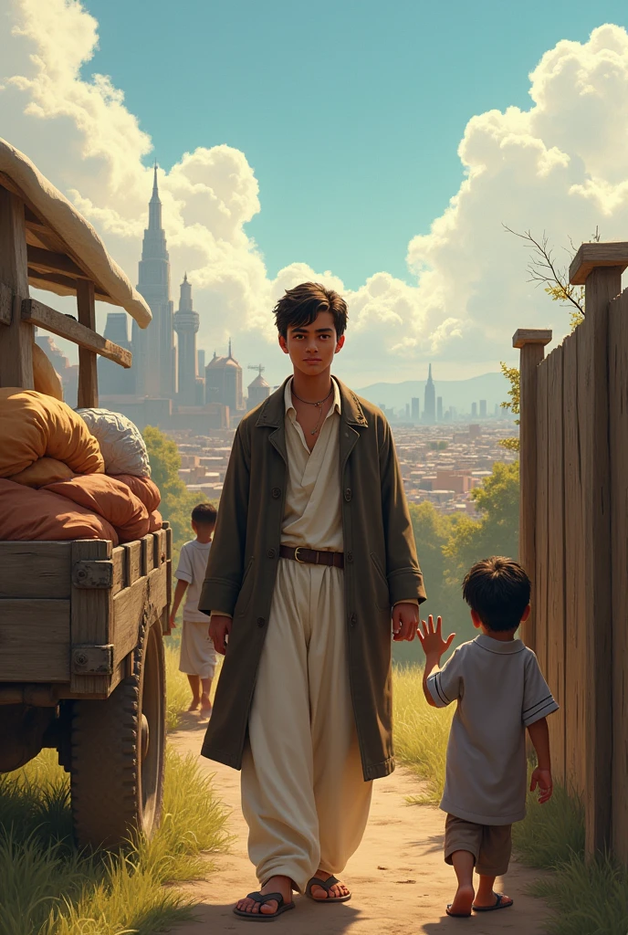 Amjad Moving to the City
Amjad’s family packing their belongings onto a cart as they prepare to leave for the big city. Amjad, dressed in fine clothes, looks back with a sad smile at his friend Fiyaaz, who stands by a wooden fence waving goodbye. The city can be seen in the distance with tall buildings and bustling streets