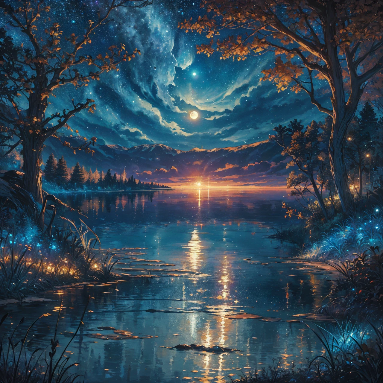 a painting of a lake with a full moon and trees, a fine art painting by Dan Mumford, tumblr, space art, magical sparkling lake, painting by dan mumford, dan mumford and albert bierstadt, dan mumford paint, glowing reflections, in the style dan mumford artwork, dan mumford and thomas kinkade, el bosco and dan mumford