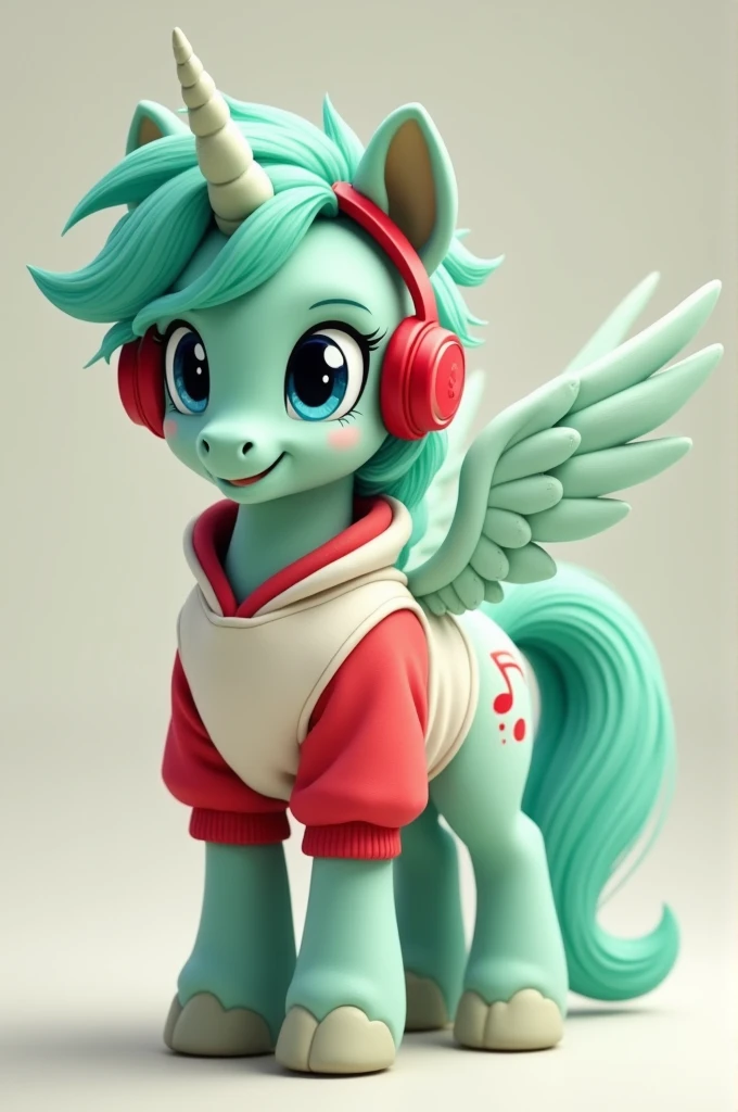 Male alicorn pony with mint green fur,white freckles,blue eyes,white sweatshirt with red sleeves,red gamer headphones,cutiemark the musical note