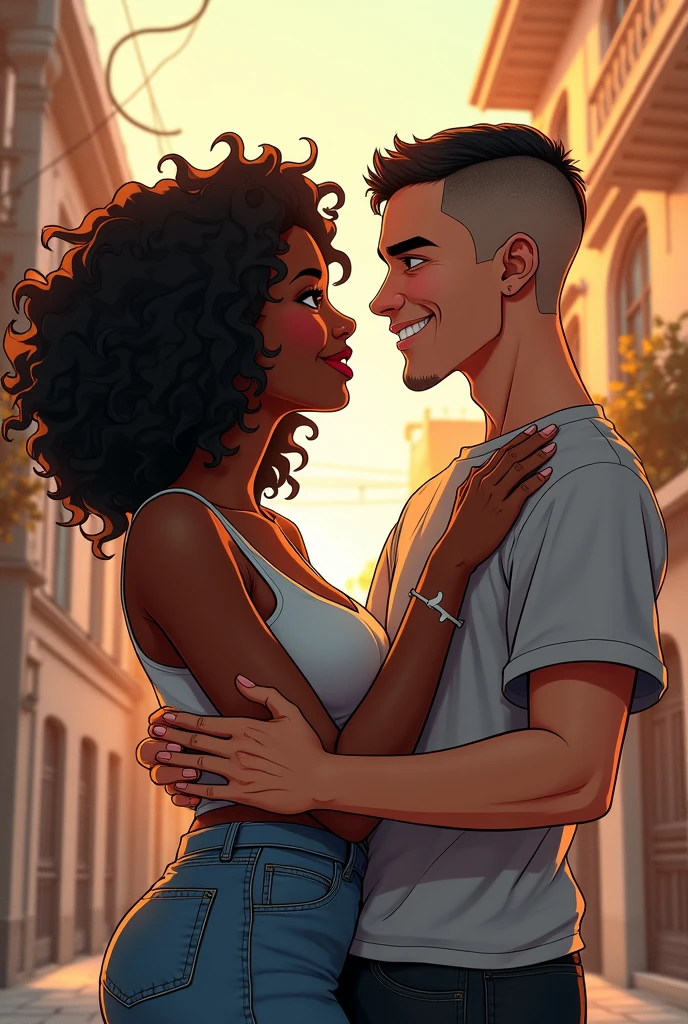 um casal (Maïmouna e Lucca). she is black (darker tone), half Senegalese, half Brazilian of black parents. Teacher and dreamer, coily hair. Beautiful in the eyes of many, but you don't feel this confidence. She's fat, Bullish, and has curves.
Lucca is white, brazileiro, from parents of Italian descent, Scrawny, short shaved hair, and more street style. He is very sociable and friendly.. You like Maïmouna for who she is. Make it anime style.