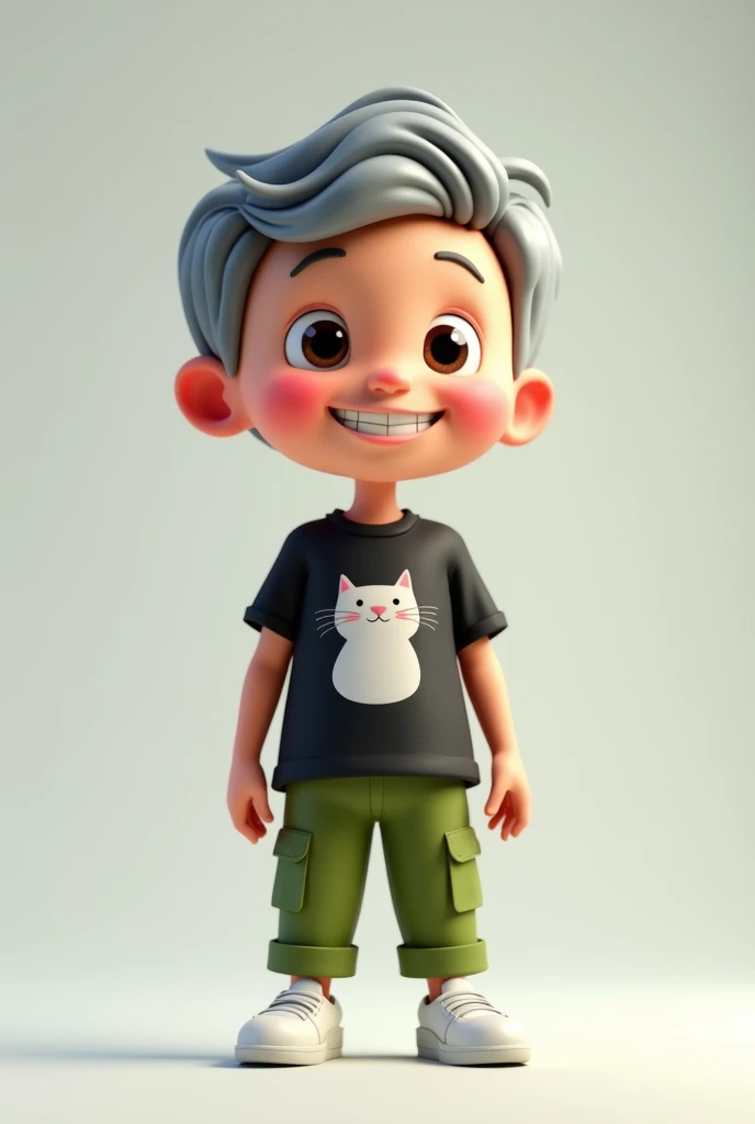 3d cartoon image of a smiling gray-haired boy wearing a black shirt with a cat pattern. Green cargo pants, white shoes
