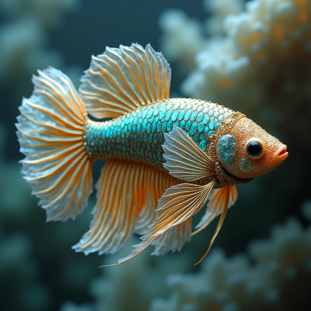 Intricate jewels and gemstones woven together with silver and gold wire create a surreal fantasy betta fish，grace，fractal gems，fractal crystal，iridescent flash，Sphere Punk，Incredibly beautiful，gorgeous，luxurious，Art Photography
