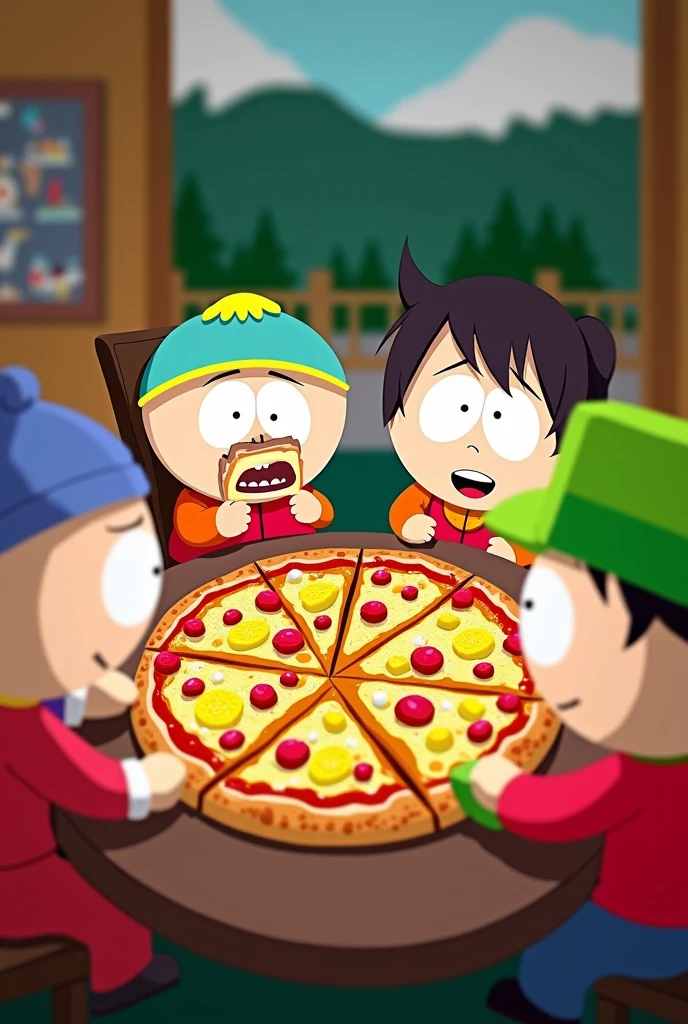 Generates several South Park characters eating pizza with pineapple