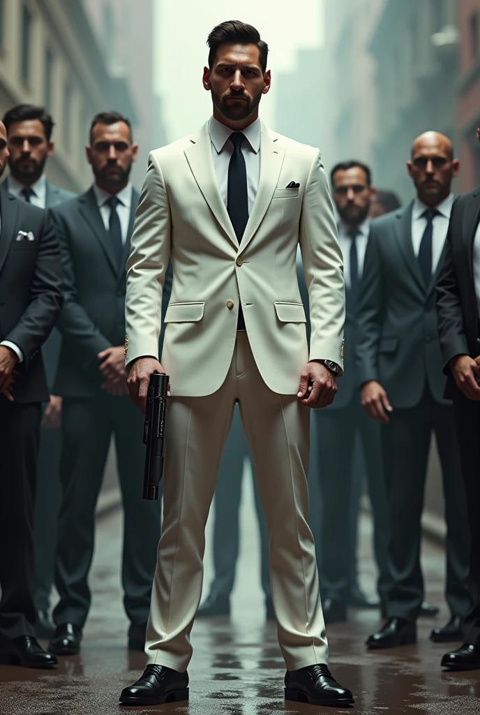Messi is a gangster wearing white dress with a big gun with some people