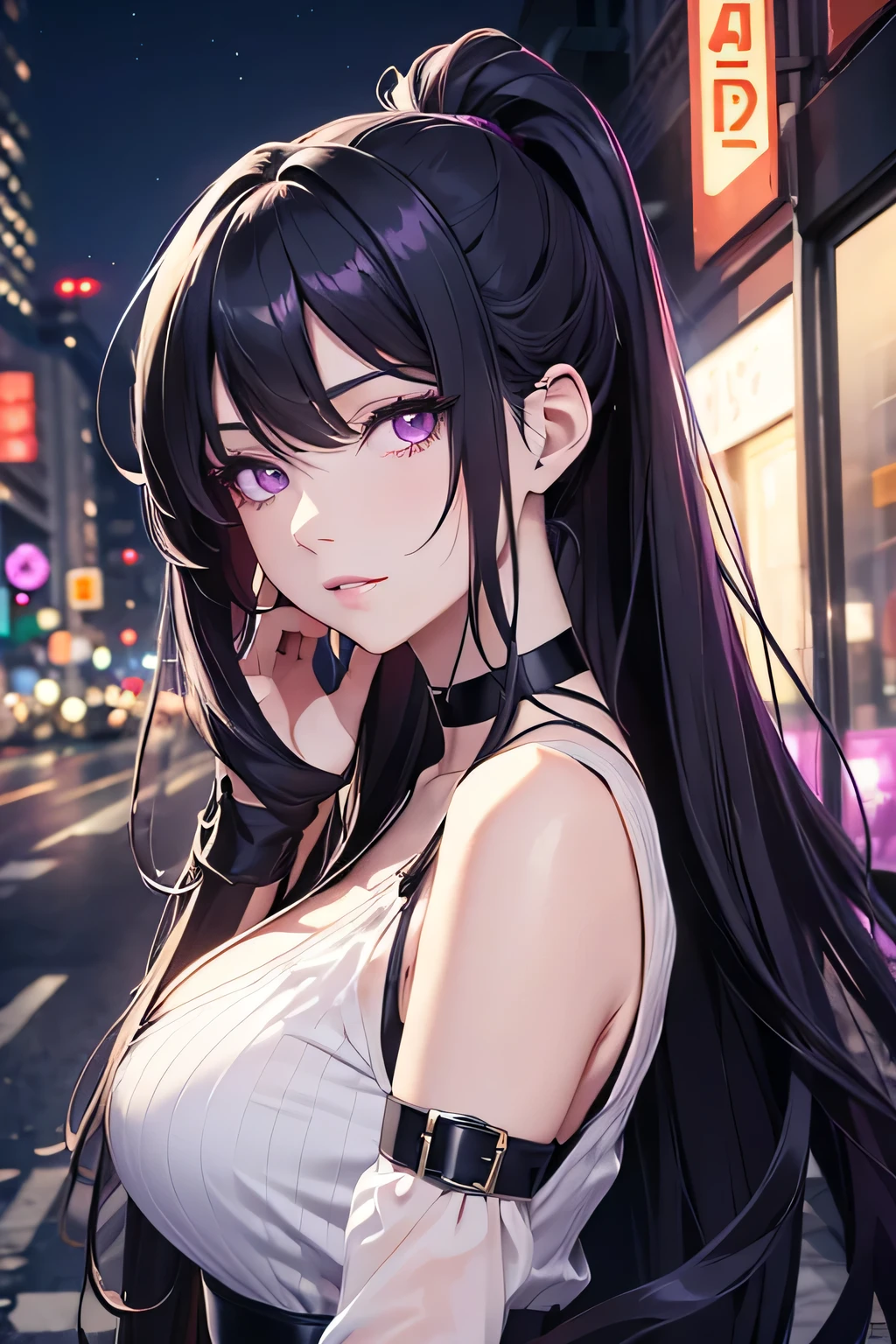 Beautiful mature anime woman, very long wavy black hair, bangs, pale skin, purple eyes, ponytail, choker, posing for camera, city background, night time, glowing city lights, detailed face, pretty eyes