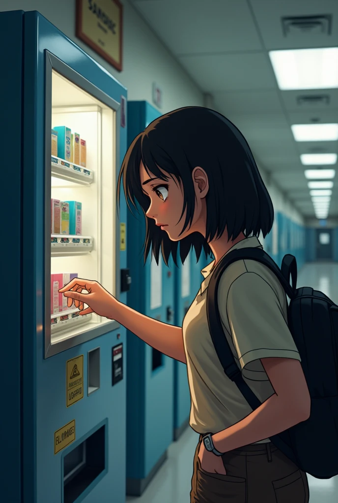 girl high schooler using vending machine by taking something from it in school for menstrual products