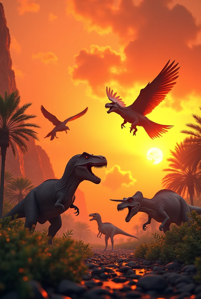 Dinosaurs in an orange sky