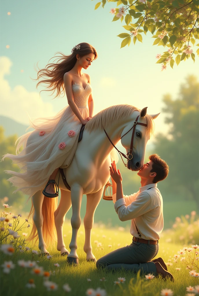 Make a girl sitting on horse with floral dress and open hair and her man sitting down on ground with one knee only and kisses on one hand of girl yeah but he kiss her hand make it pls