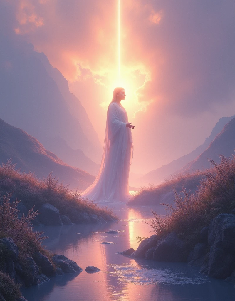  figure standing in a serene landscape, bathed in the light of purification and forgiveness