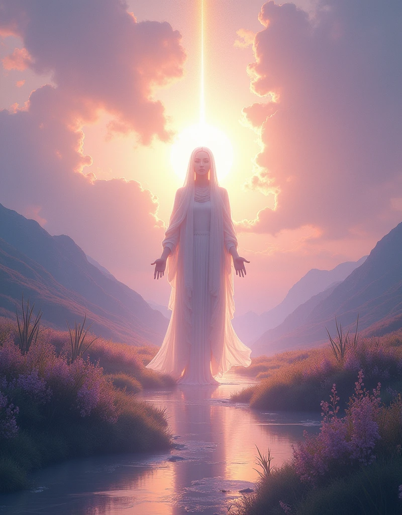 figure standing in a serene landscape, bathed in the light of purification and forgiveness