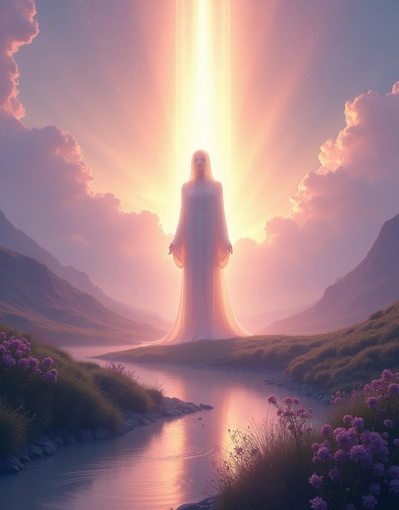 figure standing in a serene landscape, bathed in the light of purification and forgiveness