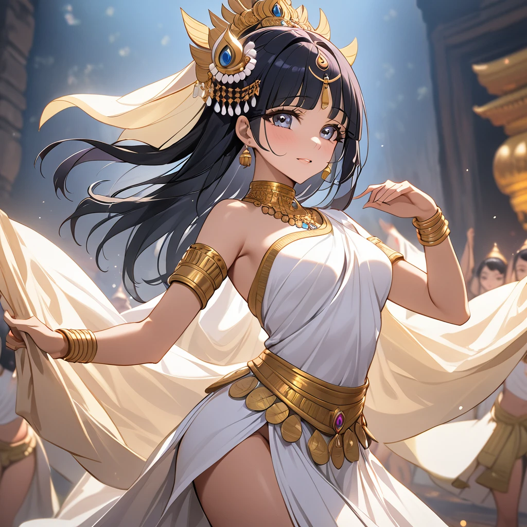 ((Highest quality)), ((masterpiece)), (detailed), (Perfect Face)、The woman is Reika Aoki, a dark-skinned Cambodian with semi-long hair.、A woman is dancing the Apsara dance in Cambodia wearing the costume of the Cambodian dance Apsara dance