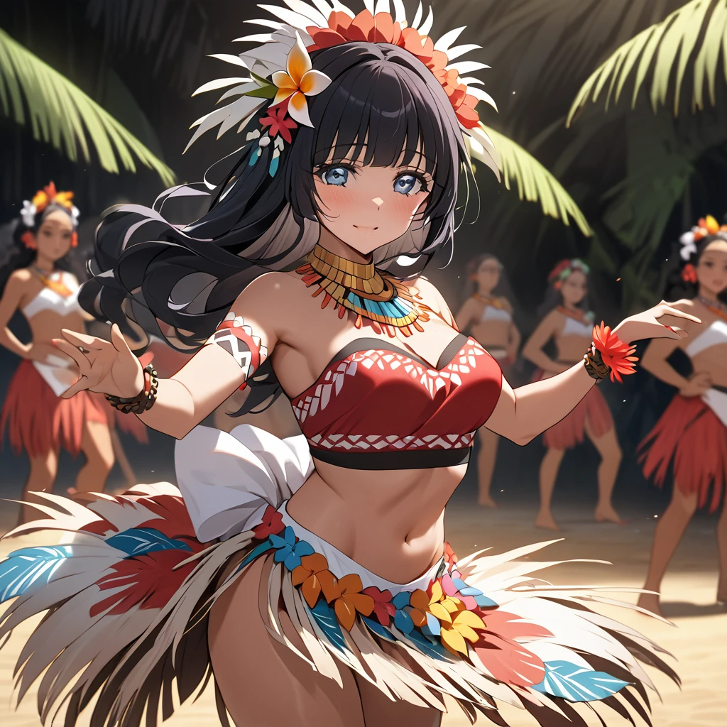 ((Highest quality)), ((masterpiece)), (detailed), (Perfect Face)、The woman is Aoki Reika, a dark-skinned Tahitian with semi-long hair.、The woman is wearing a Tahitian dance costume, has a Tahitian hairstyle, and is dancing the Tahitian dance.