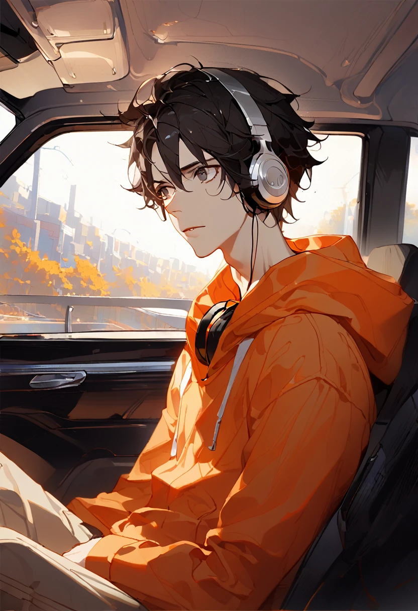 (One person, a young college student, attractive, slim, slender body, bruises, disheveled black hair, bright gray eyes, wears orange hooded clothing, has headphones with a silver headband on his neck, eye pendant) , REST, (the boy's eyes are lost on the outside he sees through the car window, he is sitting in the passenger seat, he looks away, his face is expressionless), REST, Conceptual art, masterful work, Super detail, Attention in detail, high quality, high quality, high resolution