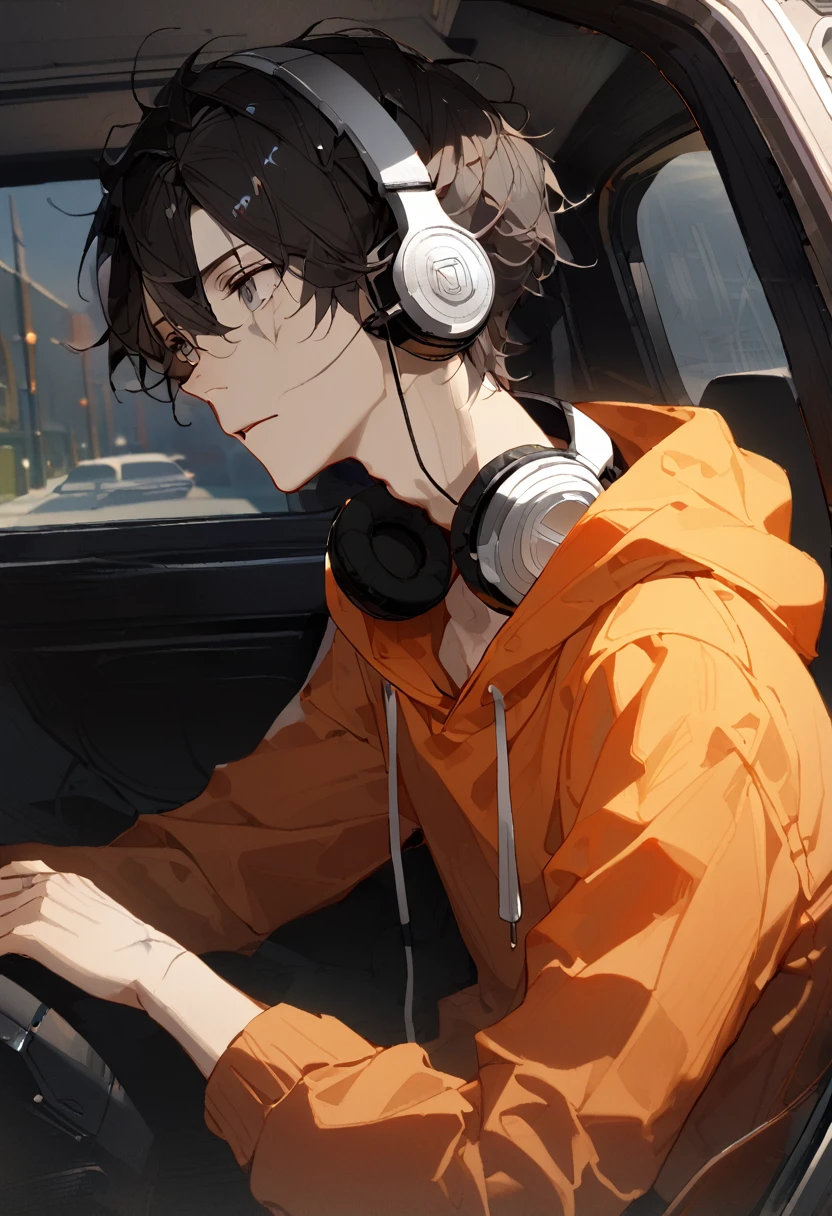 (One person, a young college student, attractive, slim, slender body, bruises, disheveled black hair, bright gray eyes, wears orange hooded clothing, has headphones with a silver headband on his neck, eye pendant) , REST, (the boy's eyes are lost on the outside he sees through the car window, he is sitting in the passenger seat, he looks away, his face is expressionless), REST, Conceptual art, masterful work, Super detail, Attention in detail, high quality, high quality, high resolution