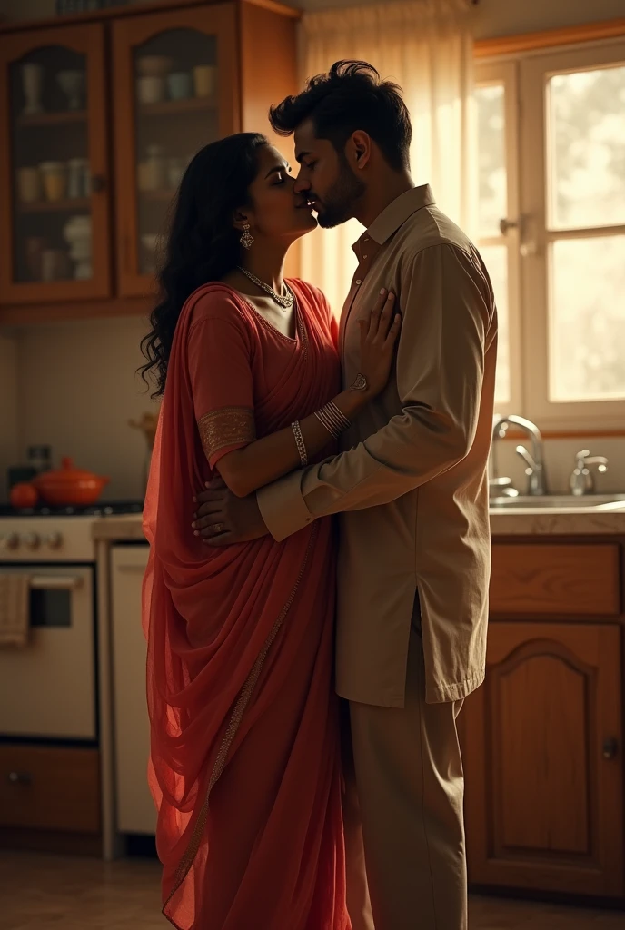 Indian 40 year old tall woman wears kurta and slacks lip kissing with and Indian teenage boy, in the kitchen.