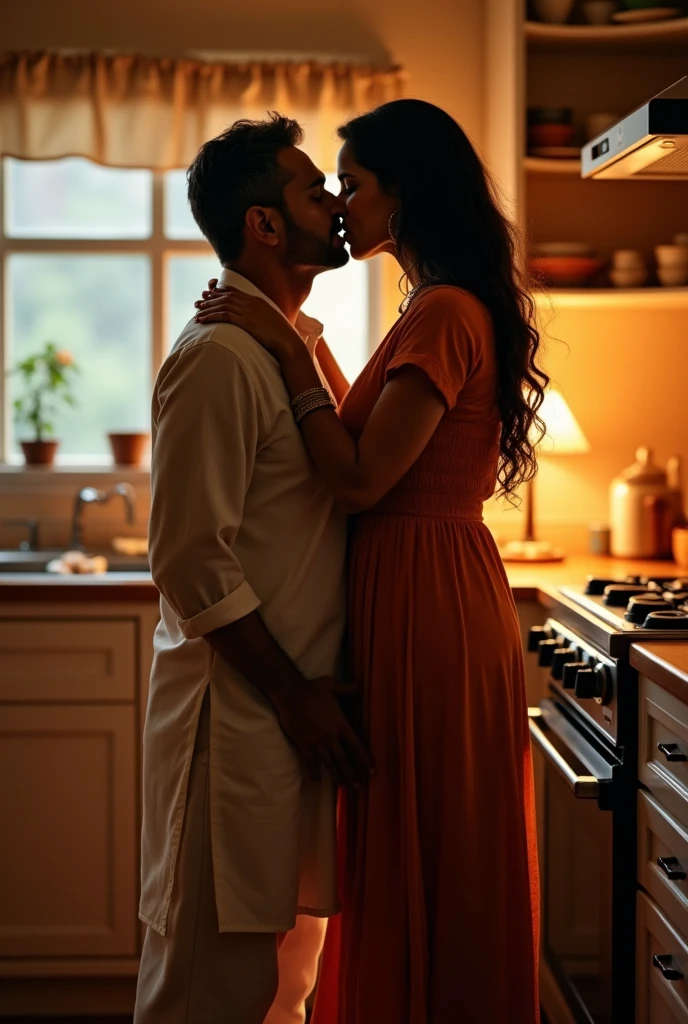 Indian 40 year old tall woman wears kurta and slacks lip kissing with and Indian teenage boy, in the kitchen.