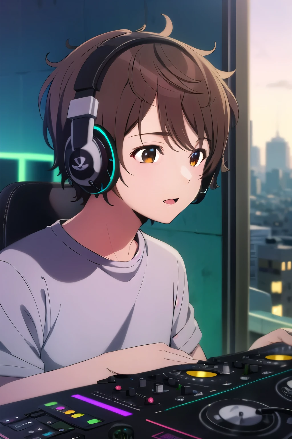 photorealistic, (4k), depth of field, (Masterpiece), (realistic skin texture), extremely detailed, intricate, hyper detailed, high resolution, professional photography, , depth of field, sharp detail, best quality, , 1boy, solo, male focus, shun_tokinoya, brown hair, brown eyes, , bangs, , , The City of Glas, HD, Fiesta de Electronica, Dj, Con Auriculares