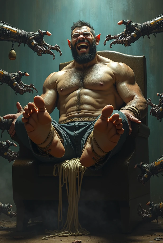 A handsome,Orc with abs tied to a chair,Shoes taken off,Revealing two big bare feet,Both feet are locked in the foot,Five toes tied with rope in foot,The hands were tied tightly to the wooden board.,His upper body was stripped,Wearing only a pair of trousers,Being tickled by a robot man,His armpits were constantly tickled by feathers.,The soles of his feet were being scratched by two brushes.,At the same time, two dogs were licking the bottom of his feet.。The toes are also tickled by many tentacles growing from the foot.。The abdomen is being tickled by a robotic arm,And he laughed,Struggling hysterically,Swinging his two feet,I want to escape from this nightmare.,But can only endure the punishment of being tickled。*(Have an expression of laughing like being tickled,Keep your feet elevated,The soles of your feet should face the screen)