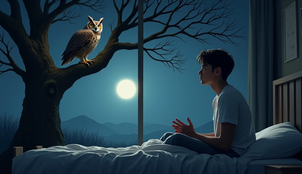 A owl sittings in tree and a man sitting on a bed at night due sleeplessness