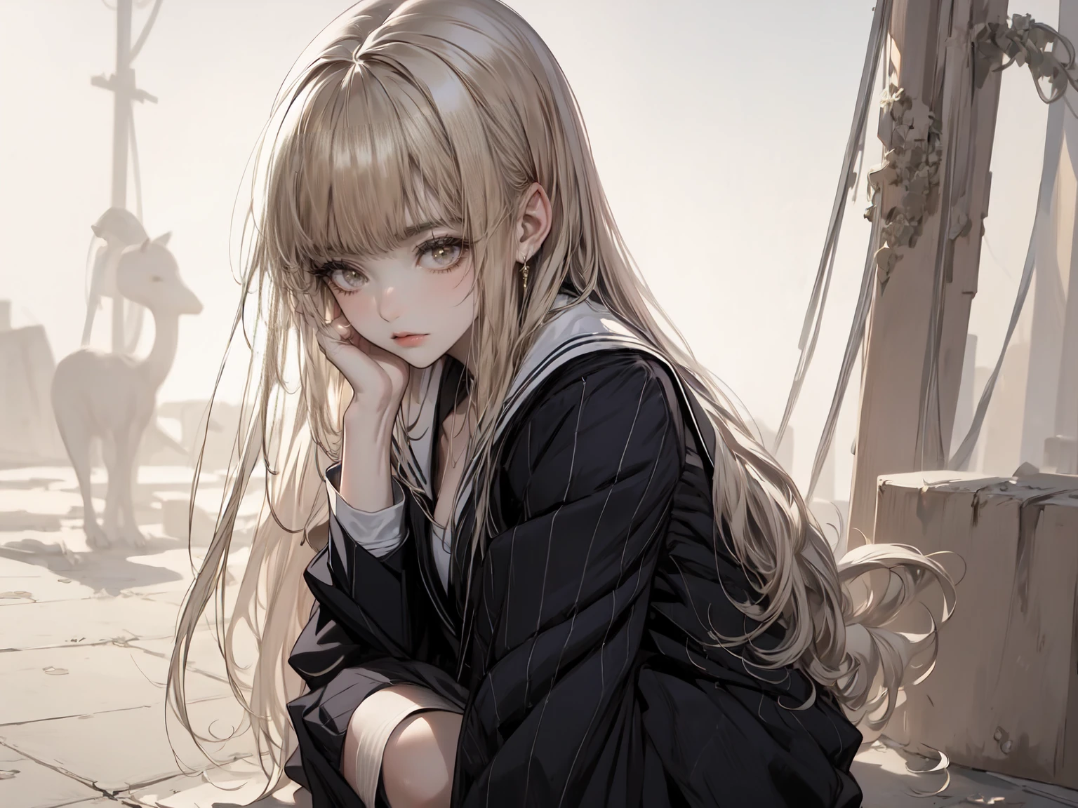 (Realistic, photo Realistic:1.2), ((Highest quality)), anime girl, an anime drawing by Yuumei, pixiv, realism, realistic anime 3 d style, smooth anime cg art, young anime girl, anime style 4 k, the anime girl is crouching, beautiful anime girl squatting, photorealistic anime, anime realism style, cute anime girl, beautiful anime girl,
shoulder length, school uniform, sailor suit, vivid colors,