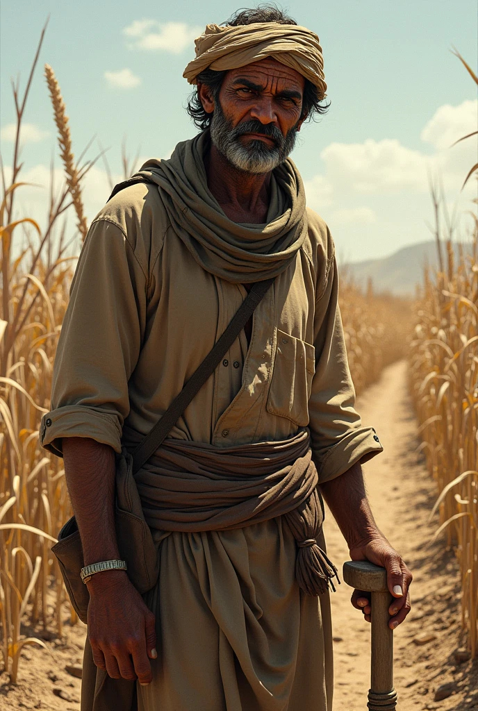 Fiyaaz Working in the Drought
Fiyaaz, looking thin and weary, stands in a cracked and dry field under a hot sun. The crops are wilted and dead, and his clothes are tattered from hard labor. His face is filled with determination as he clutches a hoe, ready to keep fighting for survival.