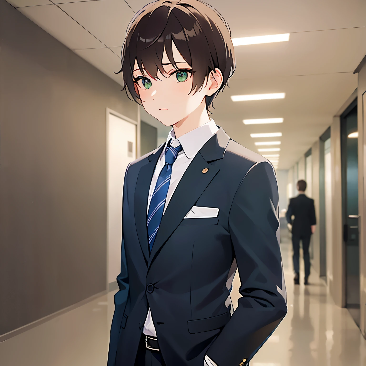 masterpiece,Highest quality,BREAK(Maleld:1.5)and(Brown short hair)and(Green Eyes)and(Wearing a suit:1.3)and(Blue tie)BREAK,(worried),The background is a company corridor,(Alone:1.5),(looking away)
