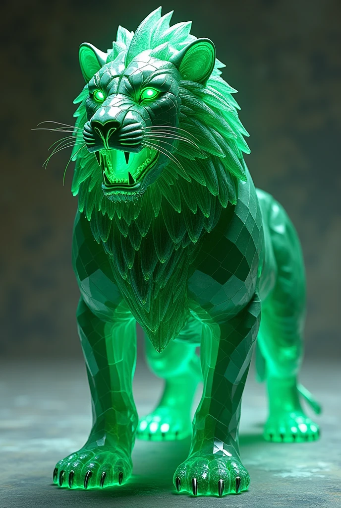 "A stunning image of an emerald lion with intricate body patterns, roaring fiercely. The lion's entire form is made of emerald, with glowing green facets that highlight its muscular build and detailed designs etched across its body, exuding power and elegance."