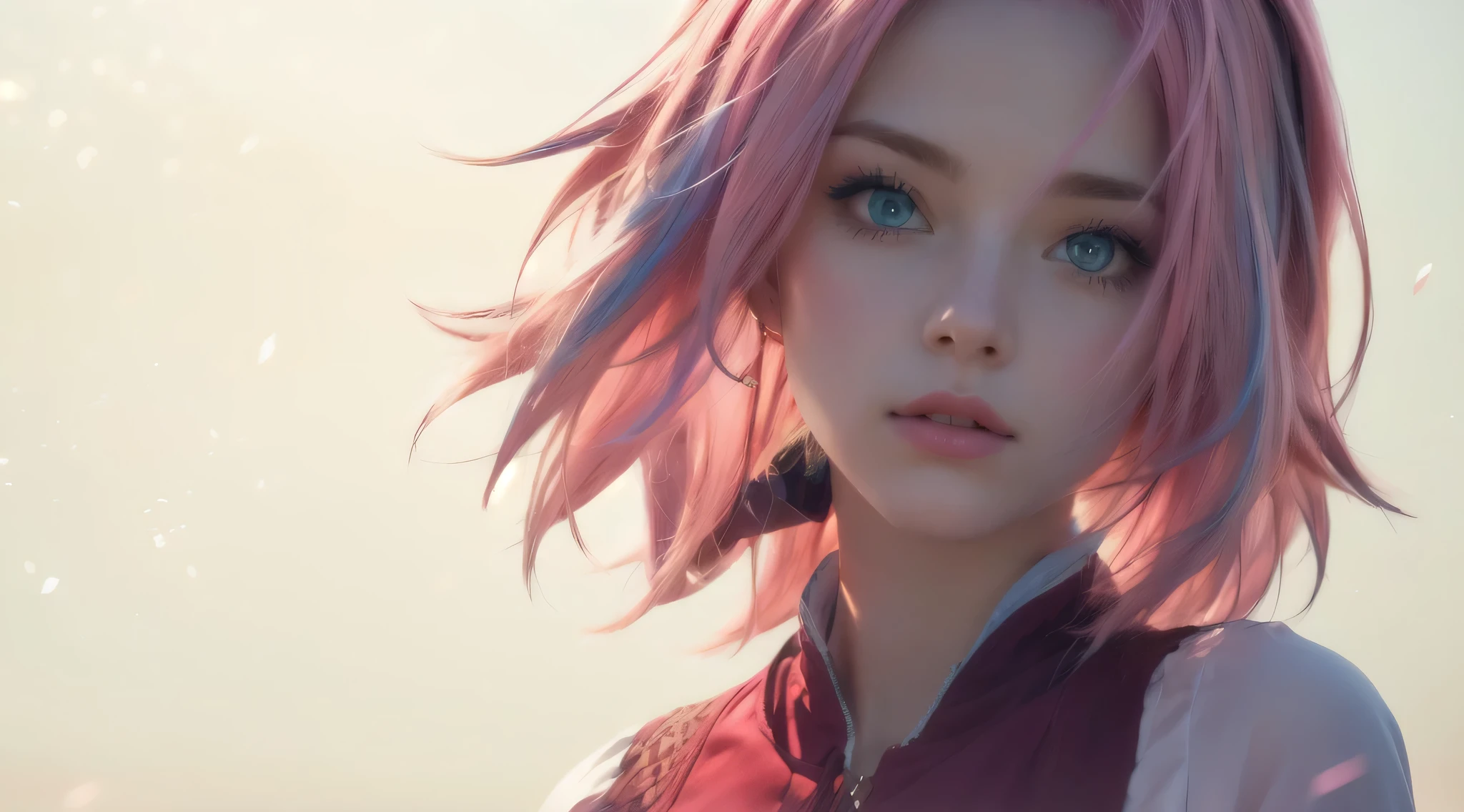 girl with pink hair and blue eyes staring at the camera
