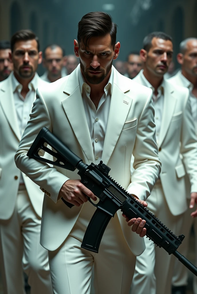 Messi is a gangster wearing white dress with a big gun with some people also wearing white dress