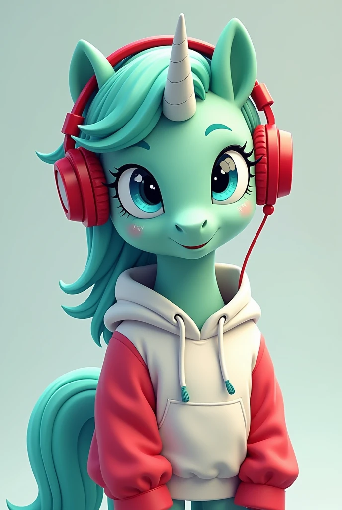 Adult male alicorn pony with mint green coat,white freckles,blue eyes,white sweatshirt with red sleeves,red gamer headphones,cutiemark the musical note