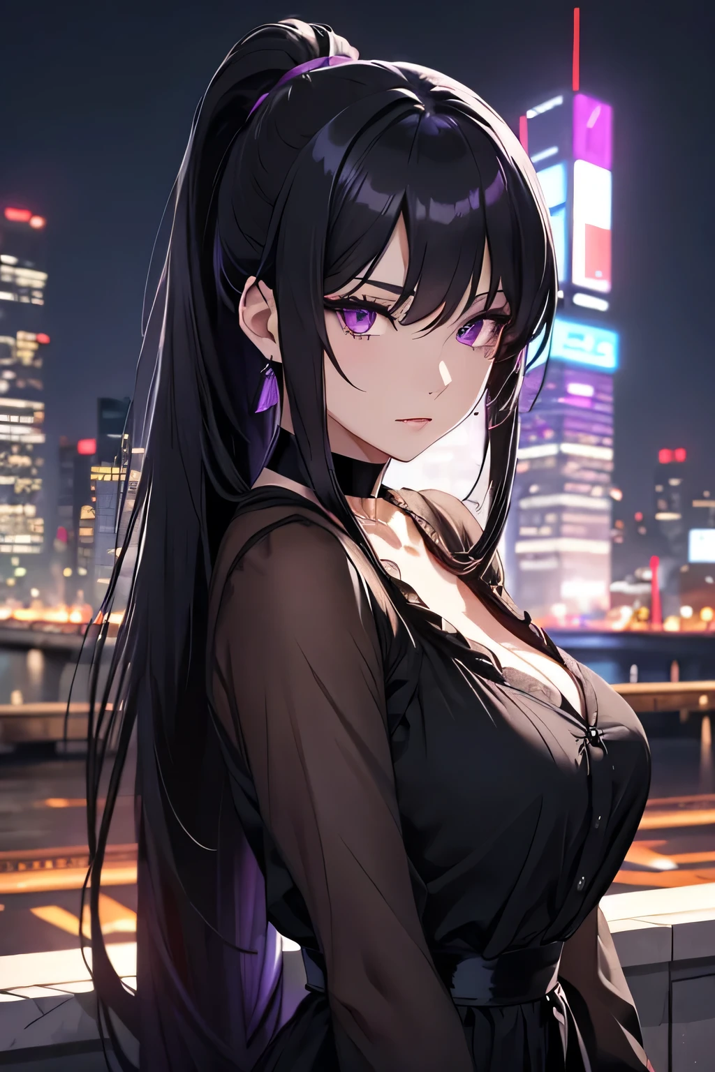 Beautiful mature anime woman, very long black hair, bangs, pale skin, purple eyes, ponytail, choker, posing for camera, city background, night time, glowing city lights, detailed face, pretty eyes