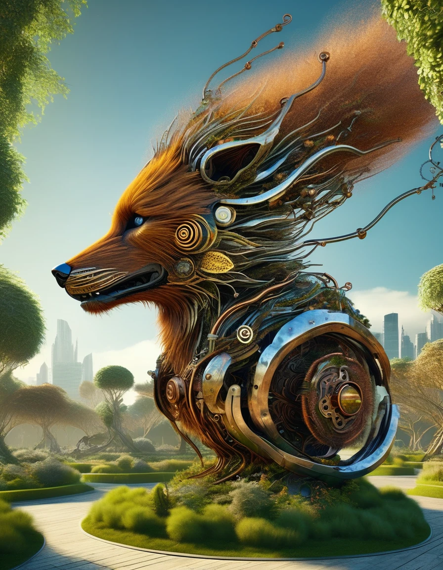 masterpiece, (botany setting:0.4), "A biomechanical wolf made it entirely from long chains of rusted steel, copper and gold mixed, simulating intricate hair, located as the main attraction in a Futuristic Botanical Park, state_of_the_art amazing_unreal_engine, futuristic setting, (a little touch of fantasy and mysticism:0.6)"