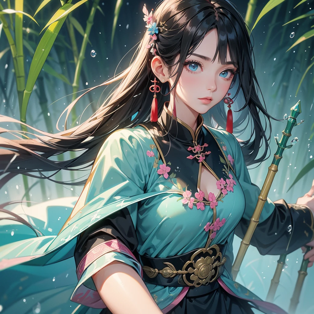 A beautiful female general holding a big spear in black-blue ancient Chinese general costume, the white-pink is a lush green bamboo forest. the air after rain has water droplets splashing around, close up.