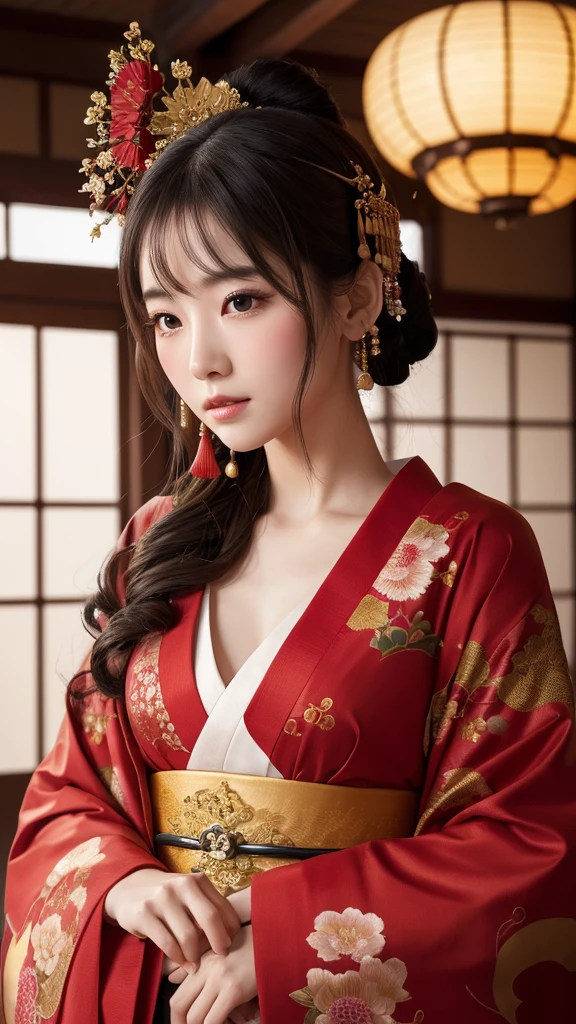 "Create a hyper-realistic and dramatic scene in 1080x1920 resolution featuring a traditional Japanese courtesan (Oiran) in a luxurious setting. The courtesan should be dressed in an elaborate kimono with intricate patterns, including red, gold, and black colors. She is posed gracefully, holding a red parasol, with a delicate and thoughtful expression on her face. Her hairstyle is ornate, adorned with traditional hairpins and flowers. The setting includes a richly decorated room with a soft, warm lighting that highlights the vibrant colors of her attire and the textures around her. Cherry blossom branches and a traditional red lantern add to the scene’s authentic and serene atmosphere. The overall mood should be elegant and mysterious, capturing the beauty and tradition of Japanese culture."
