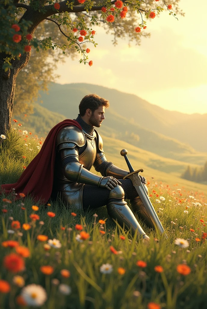A knight resting on flower field