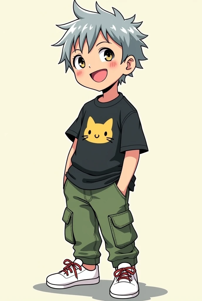 manga style image of a smiling gray-haired boy wearing a black shirt with a cat pattern. Green cargo pants, white shoes