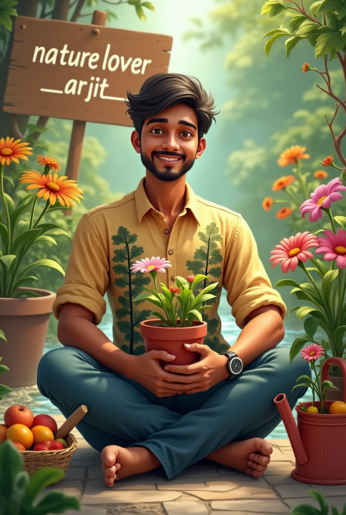 Imagine An indian 18-year old adult boy is sitting on a flower in the midst of flower garden and plants and is holding two flowers in his hands. He is holding two plant tub with two flowers and fruits with his two hands, the boy wears a shirt In which many trees and leaves are painted, He has no mustache but a thin mustache line, a light beard along the jawline, a smile on his face,And behind him is a stream flowing,in his one hand he wear a watch,In front of him is a watering can and some flowers and fruits held up in a basket.An entering board behind him showed "Naturelover_arijit" It is written in big sizes letters.