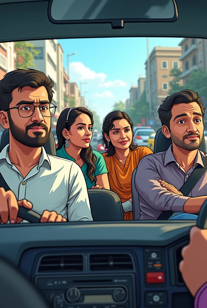 I need a animated pic where famous person of Bangladesh like Salman F Rahman, Arafat, Palak, Anisul sitting in the car at traffic in dhaka