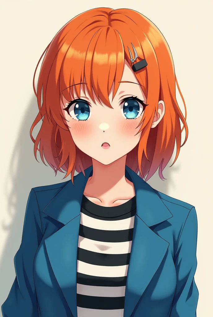 Anime girl with orange hair wearing a blue coat, black striped shirt, white skin color, blue eyes